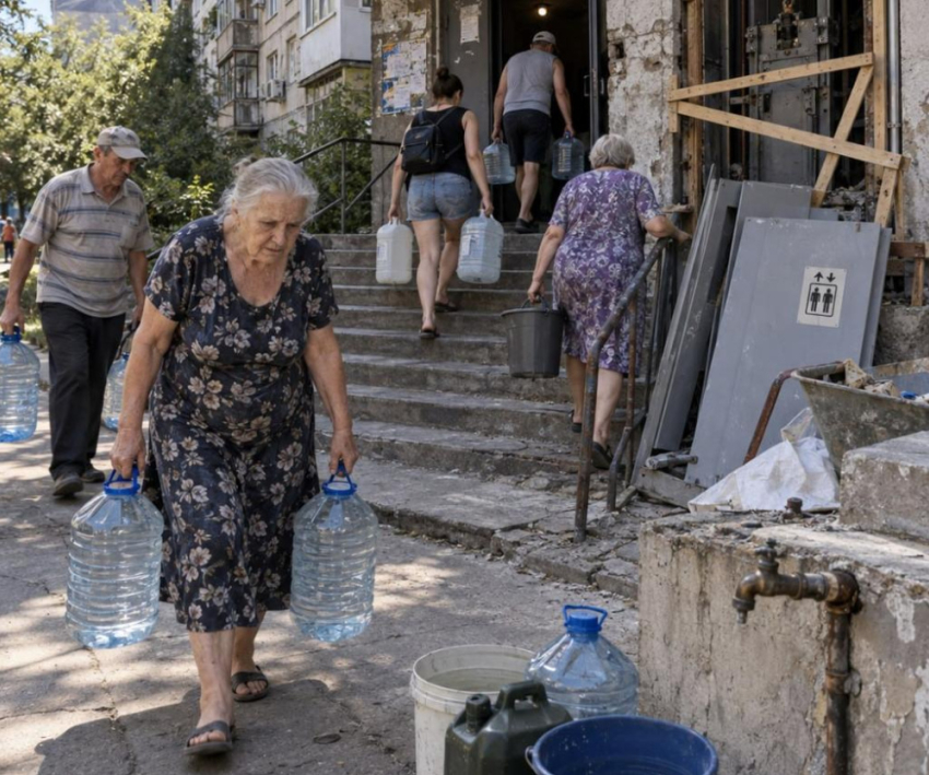 Больше года без воды: жители Бирюзова в Донецке носят её на верхние этажи пешком